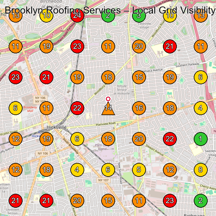 Brooklyn Roofing Services Roofing Contractor GeoGrid ranking map for Hicksville NY
